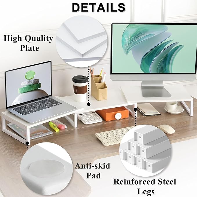 TEAMIX White Dual Monitor Stand Riser for 2 Monitors, Wood & Metal Stand Adjustable Length/Angle Shelf Triple Monitor Stand for Screens/PCs/Printers/Laptops Desktop Organizer
