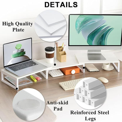 TEAMIX White Dual Monitor Stand Riser for 2 Monitors, Wood & Metal Stand Adjustable Length/Angle Shelf Triple Monitor Stand for Screens/PCs/Printers/Laptops Desktop Organizer