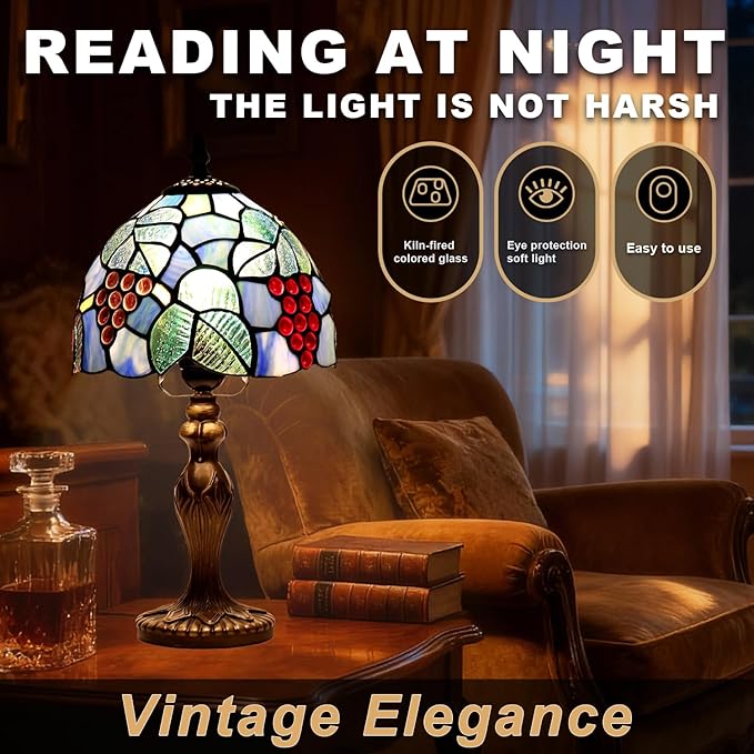 Stained Glass Lamp, Grape Style Table Lamp, 8 Inch Small Antique Lamp, for Bedside Nightstand Bedroom Living Room Home Office