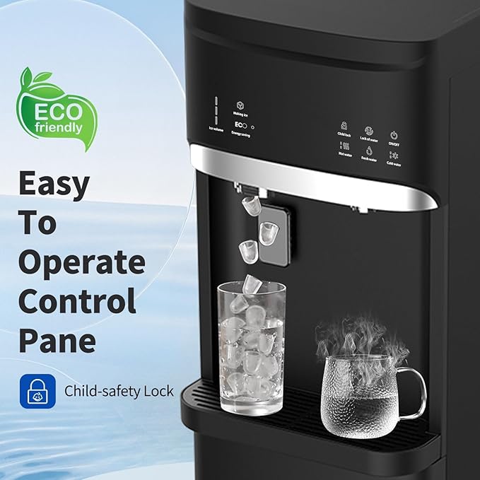 IKT Self Cleaning Hot and Cold Water Cooler Dispenser with Ice Maker Bottom Load for 3-5 Gallon Bottle 22lbs Daily Capacity Child Safety Lock Black