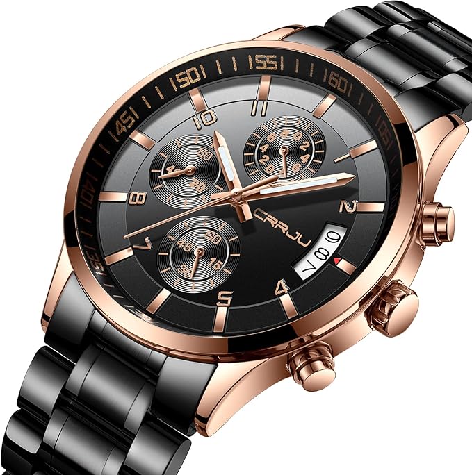 CRRJU Men's Fashion Stainless Steel Watches Date Waterproof Chronograph Wristwatches,Black Steel Band Waterproof Quartz Watch for Men
