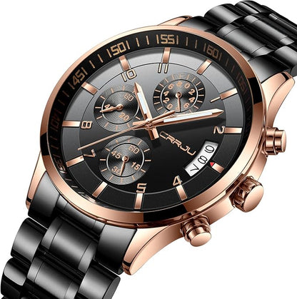 CRRJU Men's Fashion Stainless Steel Watches Date Waterproof Chronograph Wristwatches,Black Steel Band Waterproof Quartz Watch for Men