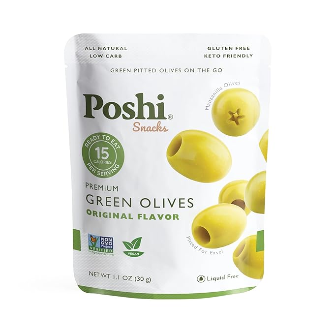 Poshi Green Olives On-The-Go - Original Flavor - Single Serve Pitted Olives - Convenient and Healthy Snack Packs - All Natural, Non-GMO, Kosher, Gluten-Free - 1.1 Oz Bags (10/Pack)