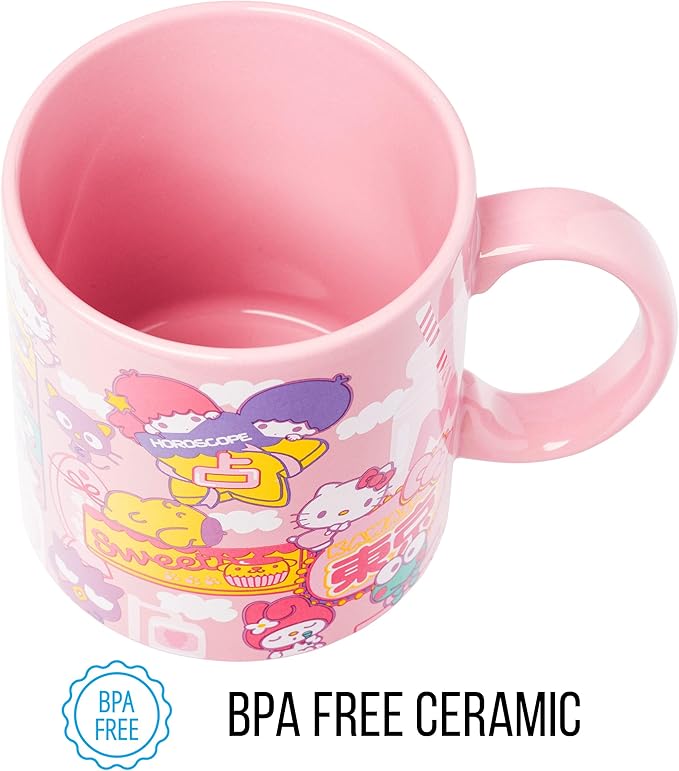 Silver Buffalo Sanrio Hello Kitty and Friends Kawaii Tokyo Theme Featuring Little Twin Stars, Chococat, My Melody, Keroppi, Badtz-Maru, and Pompompurin Ceramic Mug, 20 Ounces