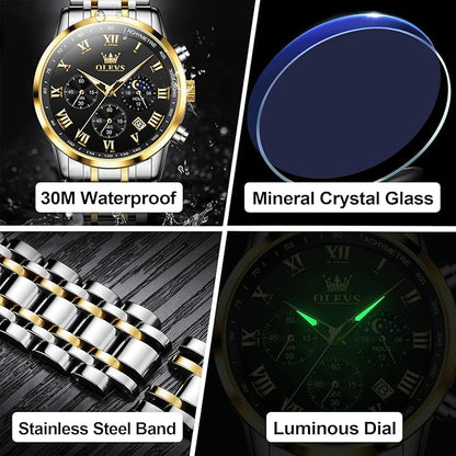 OLEVS Mens Stainless Steel Chronograph Watch, Big Face Roman Numerals Date Analog Quartz Dress Watches for Men, Fashion Multifunctional Waterproof Luminous Hands Men's Wristwatch