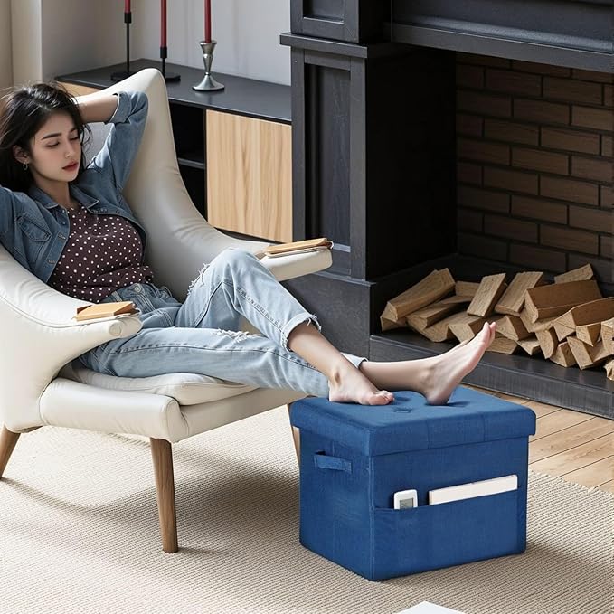 Storage Ottoman Foot Rest, Folding Linen Cotton Ottoman with Storage with Side Pockets and Handle, Foot Stool for Lounge, Study Corner, Home Office, 17x17x13 Inches, Dark Blue