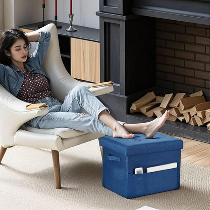 Storage Ottoman Foot Rest, Folding Linen Cotton Ottoman with Storage with Side Pockets and Handle, Foot Stool for Lounge, Study Corner, Home Office, 17x17x13 Inches, Dark Blue