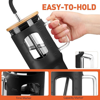Glass Tumbler with Lid, 32 oz Glass Cup with Handle, Glass Water Bottles with Time Marker, 2 Straws - Pearl Straw & Silicone Protective Sleeve - Black