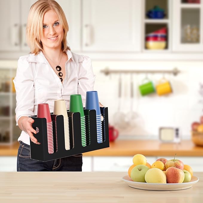 WINFFOR Disposable Cup Organizer Dispenser - 4 Compartments Black Acrylic Cup and Lid Holder with Handles Plastic Cup Dispenser Countertop Paper Cup Holder for Coffee Bar House Party Essentials