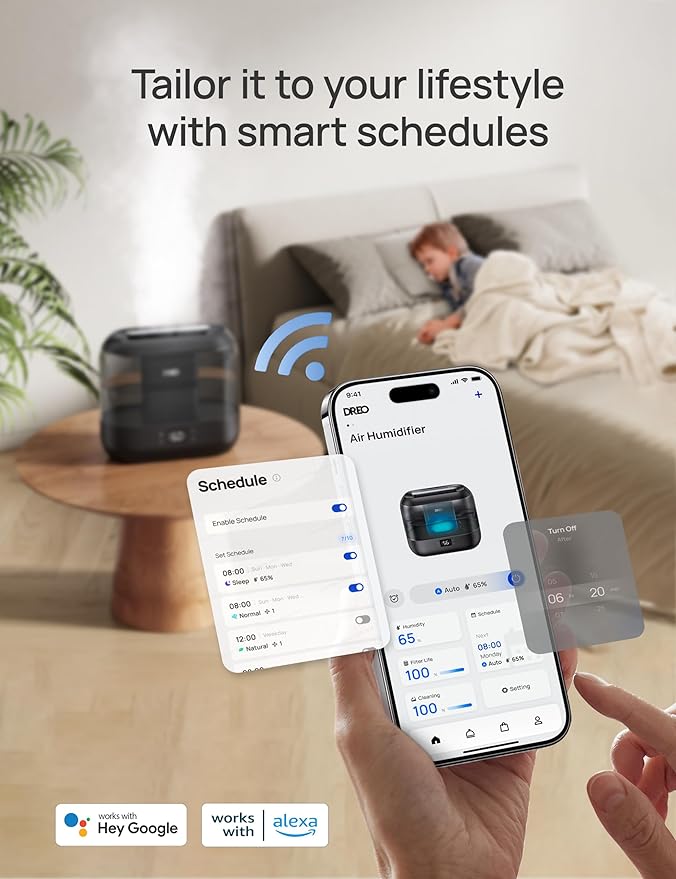 Dreo Humidifiers for Bedroom, Top Fill 4L Smart Cool Mist Humidifier with Oil Diffuser, Cartridge, Nightlight, 36H Runtime, Quiet Ultrasonic Humidifiers for Home, Baby Nursery, Plants, Office, HM311S