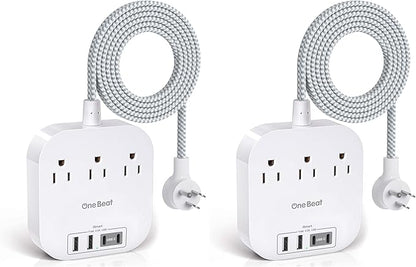 One Beat Power Strip with USB C, 3 Outlets 4 USB Ports (22.5W/4.5A) Desktop Charging Station, Flat Plug, 5ft Braided Extension Cord, Non Surge Protector for Travel, Cruise Ship, ETL Listed (Pack of 2)