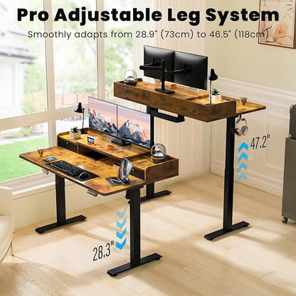Kingant 63 x 30 Inch Standing Desk with Drawers, Adjustable Height Electric Sit Stand Desk with Storage Shelf, Rising Stand Up Computer Desk for Home Office Workstation, 3 Preset Heights