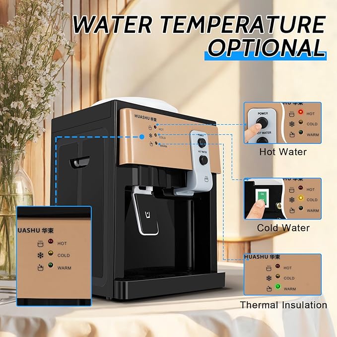 Water Dispenser Top Loading Countertop Water Cooler Dispenser with 3 Temperature Settings Desktop Electric Hot and Cold Dispenser for Home, Office, Dormitory (Black)