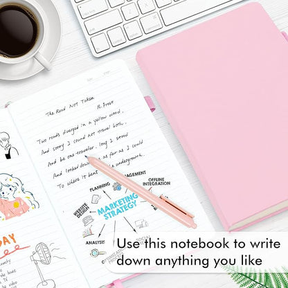 feela 3 Pack Notebooks Journals Bulk, Hardcover Notebook Classic Ruled Lined Journals with Pen Holder for Women Girls School Business Supplies, with 3 Black Pens, 120 GSM, 5.1”x8.3”, A5, Rose Pink