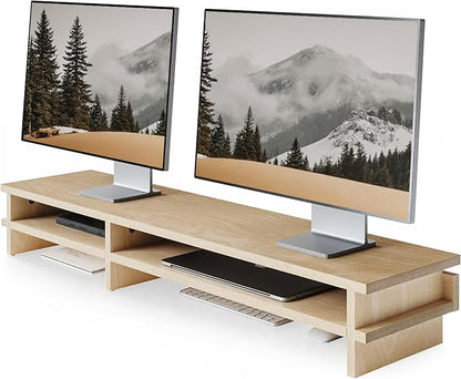 Fenge Dual Monitor Stand, 39.4in Wood Monitor Riser for 2 Monitors, 2 Tiers Desk Shelf with Cable Mangement for Top of Desk, Computer Stand for Laptop, PC, Printer