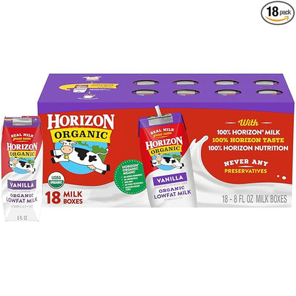 Horizon Organic Shelf Stable 1% Lowfat Vanilla Milk Boxes, 8 fl oz, 18 Count - 8g Protein per Serving, USDA Organic UHT, Ready to Drink for Lunchbox, Travel, or On-the-Go, No Refrigeration Needed