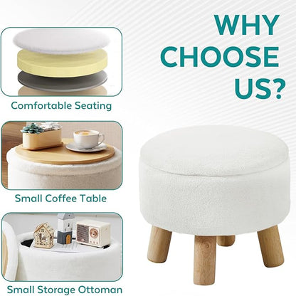 Small Foot Stool Ottoman with Storage, Faux Fur Ottoman Foot Rest for Couch, Round Footstool with Storage, Small Ottomans and Footstools for Living Room and Entryway (White)