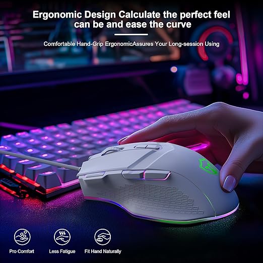 LEWENTECH Gaming Mouse 6 Adjustable DPI Up to 7200 Wired PC Gaming Mouse 8 Programmable Buttons 13 Adjustable RGB LED Modes 1.5 M Drag-Free Paracord Ergonomic Mouse Windows/PC/Mac/Laptop (White)