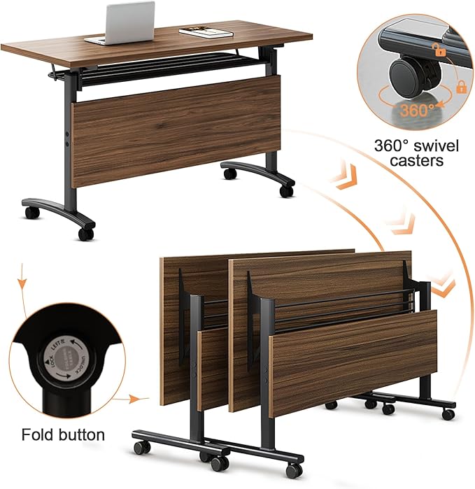 Conference Room Table, 55 Inch Folding Conference Tables with Wheels, Modern Office Meeting Table, Easy Flip & Nest Design, Rectangular Seminar Tables with Metal Frame for 2-24 People(D 2PCS)
