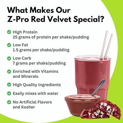 R-Kane Nutritionals Z-Pro Red Velvet Protein Drink Mix - High Protein, Low Calorie Low Fat Shake and Pudding Mix - Meal Replacement, On-The-Go Packets - Breakfast Boost - 25g Protein - 14 Packets