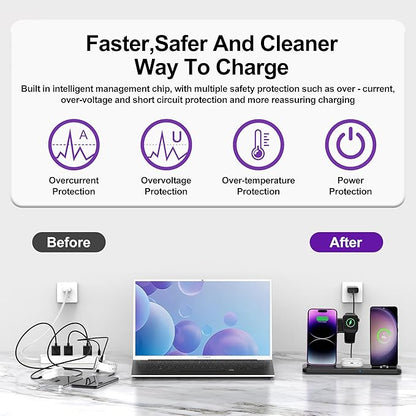 Wireless Charger for iPhone Charging Station, Foldable 4 in 1 Fast Charging for iPhone 16 15 14 13 12 Pro Max Plus, Charger Stand for Apple Watch & Airpods 4 3 2 Pro,for Samsung Series Black
