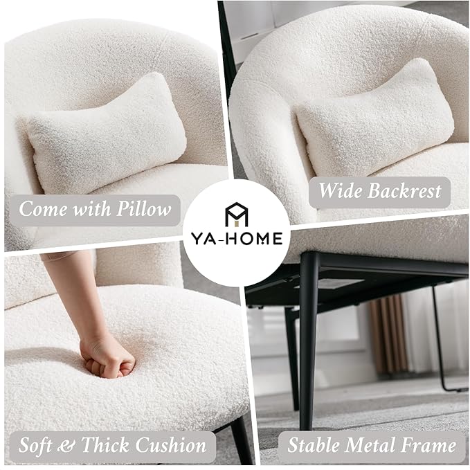 Modern Accent Chair, Upholstered Sherpa Fabric Side Chair With Small Pillow, Black Metal Legs, Comfy Lounge for Living Room Bedroom, White