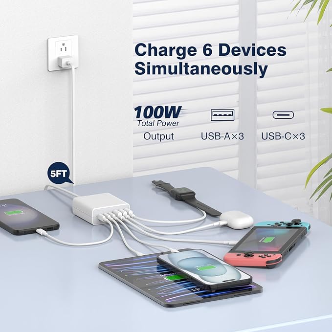 USB C Fast Charger Block, 100W 6 Ports Charging Station Hub for iPhone 16 15 14 13 Pro Max, iPad Pro Air Mini, Galaxy, for Air-pods 4, Pro 2, 25W PPS Type C Wall Charger with LED, 5ft Cord