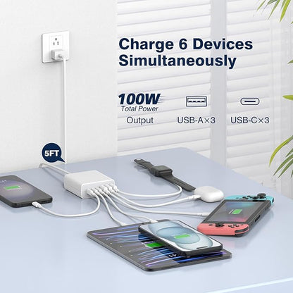 USB C Fast Charger Block, 100W 6 Ports Charging Station Hub for iPhone 16 15 14 13 Pro Max, iPad Pro Air Mini, Galaxy, for Air-pods 4, Pro 2, 25W PPS Type C Wall Charger with LED, 5ft Cord
