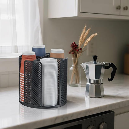 Cup and Lid Organizer, 360° Rotatable Coffee Cup Holder for Disposable Plastic and Paper Cups of 5 to 16 oz, 4 Compartments Detachable Countertop Cup Dispenser Coffee Station, Black