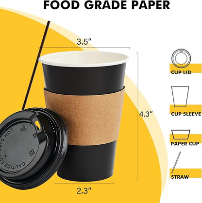 RACETOP 50 Pack 12 oz Coffee Cups with Lids, Black Disposable Coffee Cups with Lids, Sleeves and Stirring Sticks, Hot Paper Coffee Cup 14 oz for Hot Drinks, Parties, Picnic, Travel, and Events
