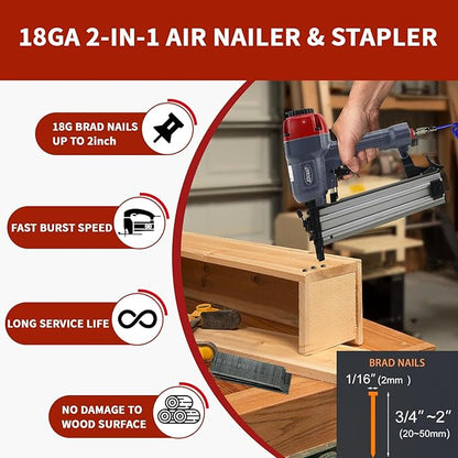 18GA Pneumatic Brad Nailer,Accepts 5/8 to 2Inch Brad Nails & Crown 5/8 to 1-5/8 Inch Staple.2 in 1 Nail Gun (Include 6m Air Tube & Portable Bag)