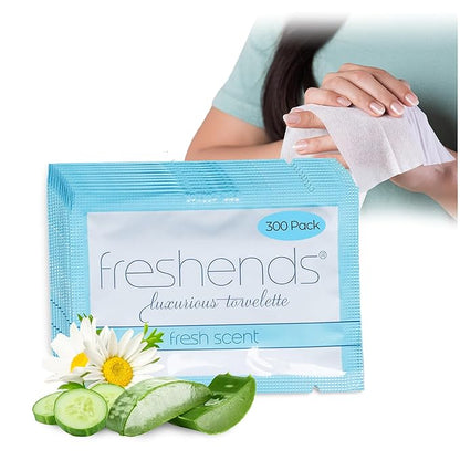 Freshends Flushable Individually Wrapped Wipes – 300 Bulk Pack Luxurious Towelettes, Guest Bathroom Essentials for Weddings, Restaurants, Bars & Clubs – Blue, Travel-Size, Disposable