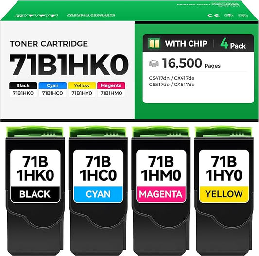 71B1HK0 71B1HC0 71B1HM0 71B1HY0 Toner Cartridge Set 4-Pack with Chip Replacement Compatible with Lexmark CS417dn CX417de CS517de CX517de Color Laser Printer Ink All-in-One Black Cyan Magenta Yellow