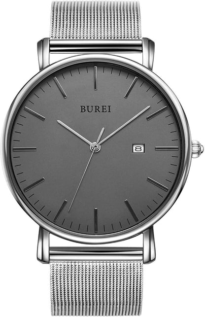 BUREI Men Watches Brown Leather Fashion Minimalist Wrist Watch Simple Ultra Thin Waterproof Quartz Watches All Black Stainless Steel Mesh Band,Gift for Men Women