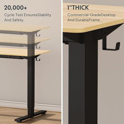 FLEXISPOT EN1 Whole-Piece Standing Desk, 60"x24" Electric Sit Stand Desk for Home Office (Black Frame + Maple Top, 2 Packages)