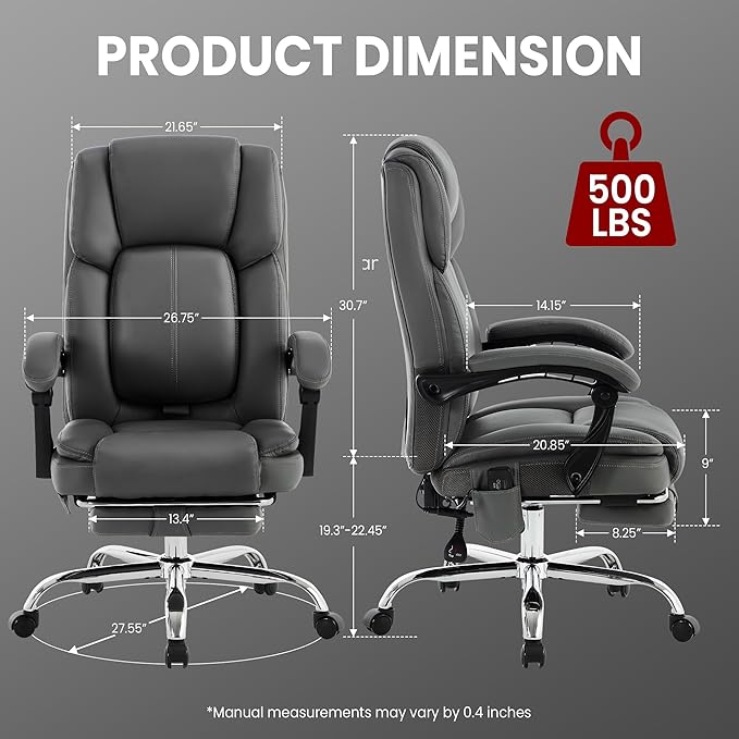 Massage Office Chair 4 Points with Footrest,Reclining Executive Desk Chair with Vibration Heat for Heavy People 500lbs,Lumbar Support PU Leather,Adjustable Height Ergonomic (Gray)
