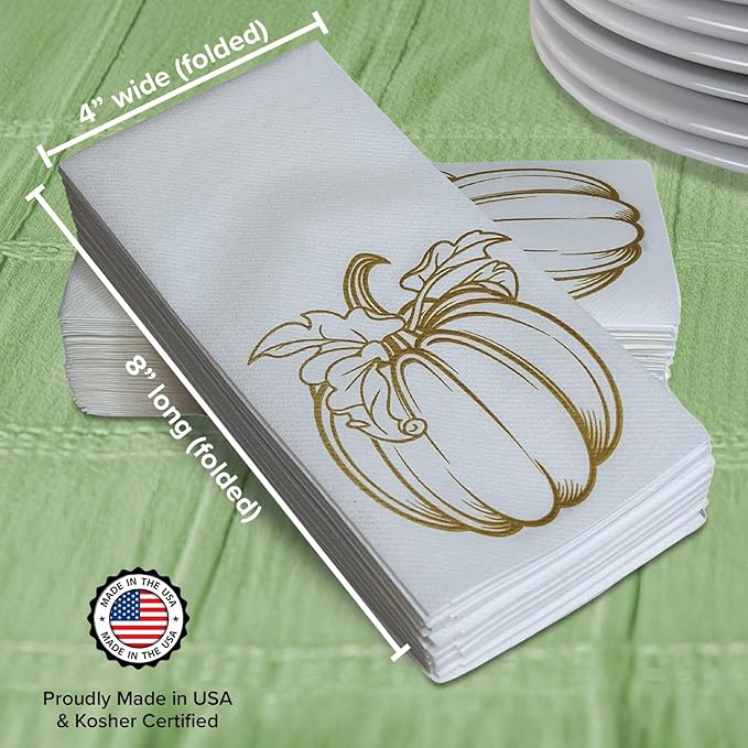 SimuLinen Gold Pumpkin Linen Feel Disposable Bathroom Hand Towels - Thanksgiving Soft, Absorbent, Single-Use 12"x17" Paper Towels, 100ct (Made in USA)