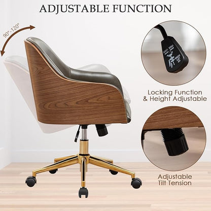 Genuine Leather Office Desk Chair, Adjustable Height Small Modern Comfortable Walnut Vanity Chair, Gold Legs Mid Back 360 Swivel for Home Office, Bedroom, Study, Meeting Room(Olive Green)