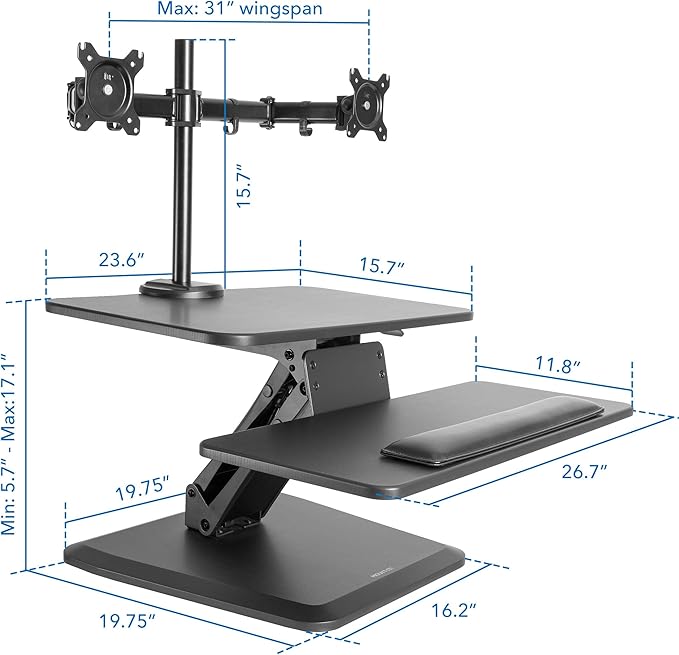 Mount-It! Standing Desk Converter, Stand Up Desk Riser with Dual Monitor Mount, Adjustable Workstation in Black, Top Platform 23" Wide, Keyboard Mouse Tray 27" Wide, Raises 5" to 17" Tall