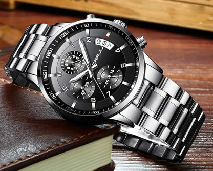 CRRJU Men's Fashion Stainless Steel Watches Date Waterproof Chronograph Wristwatches,Black Steel Band Waterproof Quartz Watch for Men