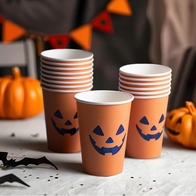 Halloween Disposable Paper Party Cups, Bulk 50 Pack, Leak-Resistant, 12 oz Hot and Cold Cups for Restaurants and Parties, Jack-O-Lantern, Black & Orange