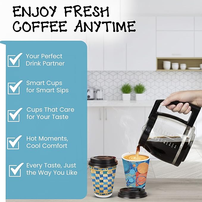 To Go Paper Coffee Cups With Lids, 12 oz, 150 ct, Disposable Insulated Paper Cups for On-The-Go Hot or Cold Beverages,Multi use, Work, Home, Party, Holiday, stylish look