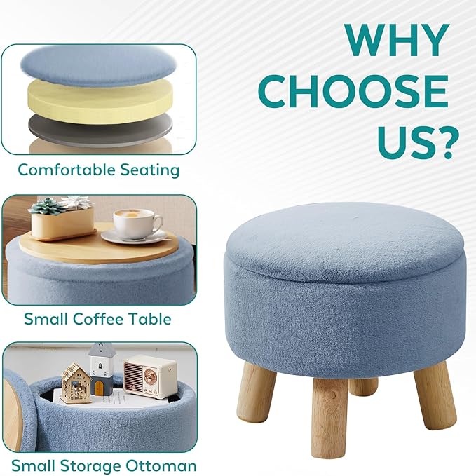 Small Foot Stool Ottoman with Storage, Faux Fur Ottoman Foot Rest for Couch, Round Footstool with Storage, Small Ottomans and Footstools for Living Room and Entryway (Light Blue)