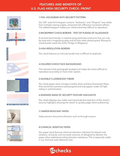 EZ Checks Premium Blank Hologram High Security Laser Check Stock | 500 Sheets (US Flag, Check at Top)