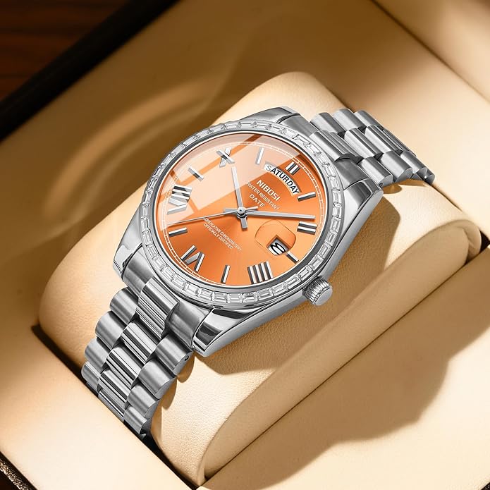 NIBOSI Men's Watches Analog Quartz Diamond Bezel Stainless Steel Dial Rose Gold Silver Watches for Men Waterproof Business Classic Dress Wrist Watch with Day Date