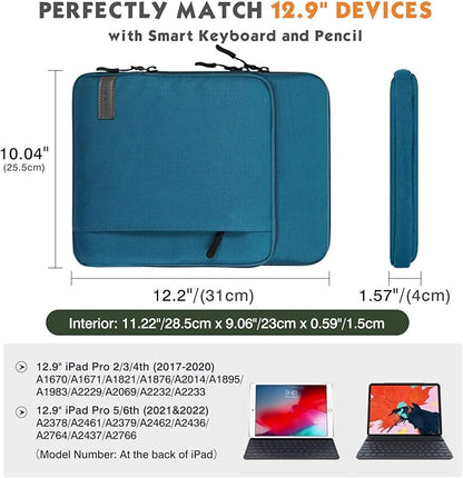 MoKo 12.9 Inch Tablet Sleeve Bag Carrying Case with Pockets Fits 13 Inch New iPad Pro M4 & Air M2 2024, iPad Pro 12.9 M2&M1, Surface Laptop Go 12.4", Galaxy Tab S8+/S9+ 12.4", Peacock Blue