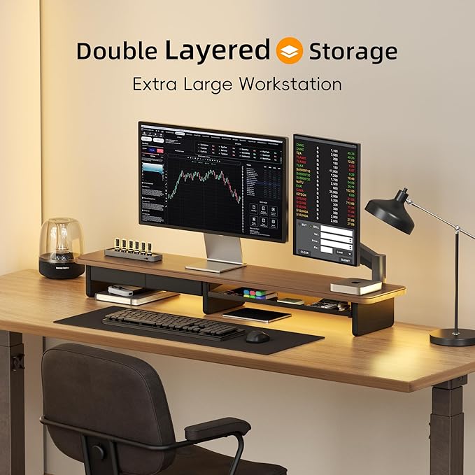 Large Dual Monitor Stand For Desk,43 Inch Desktop Computer Riser with Metal Drawer Desk Shelf Organizer For Computer/Laptop/PC/Printer/TV