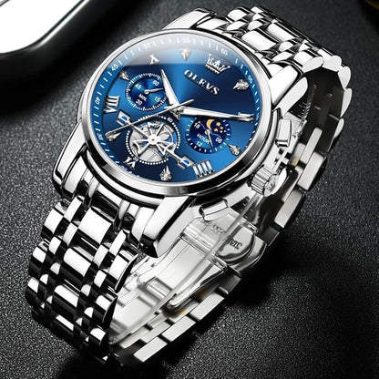 OLEVS Men Silver Watches,Men's Stainless Steel Chronograph Watch,Man Analog Quartz Big Face Male Watches Luxury Waterproof Roman Numeral Dress Diamond Relojes para Hombre