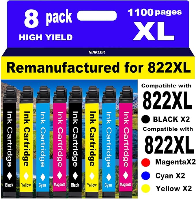 for 822XL Remanufactured for Epson 822XL Ink Cartridges for 822 XL T822 Workforce Pro WF-3820 WF-3823 WF-4820 WF-4830 WF-4833 WF-4834 Printer 8 Pack 2 Black 2 Cyan 2 Magenta 2 Yellow
