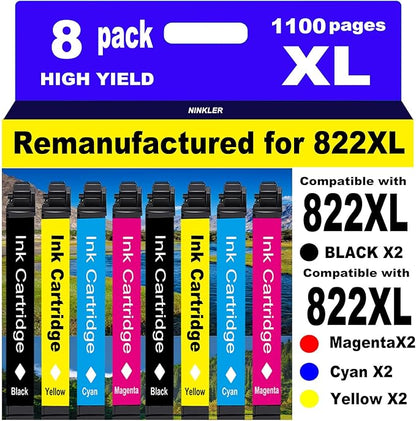 for 822XL Remanufactured for Epson 822XL Ink Cartridges for 822 XL T822 Workforce Pro WF-3820 WF-3823 WF-4820 WF-4830 WF-4833 WF-4834 Printer 8 Pack 2 Black 2 Cyan 2 Magenta 2 Yellow